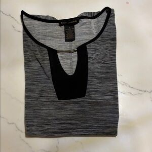 Susan Lawrence Charcoal Gray and Black Short Sleeve Top Blouse S Metal Accent